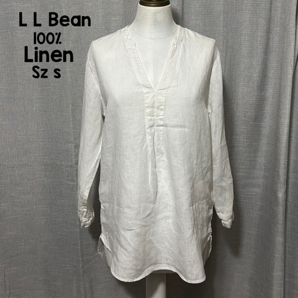 L.L. Bean Tops - L.L. Bean 100% Linen Tunic Blouse-Sz S-White-V Neck Detail-Pop Over Style-EUC
